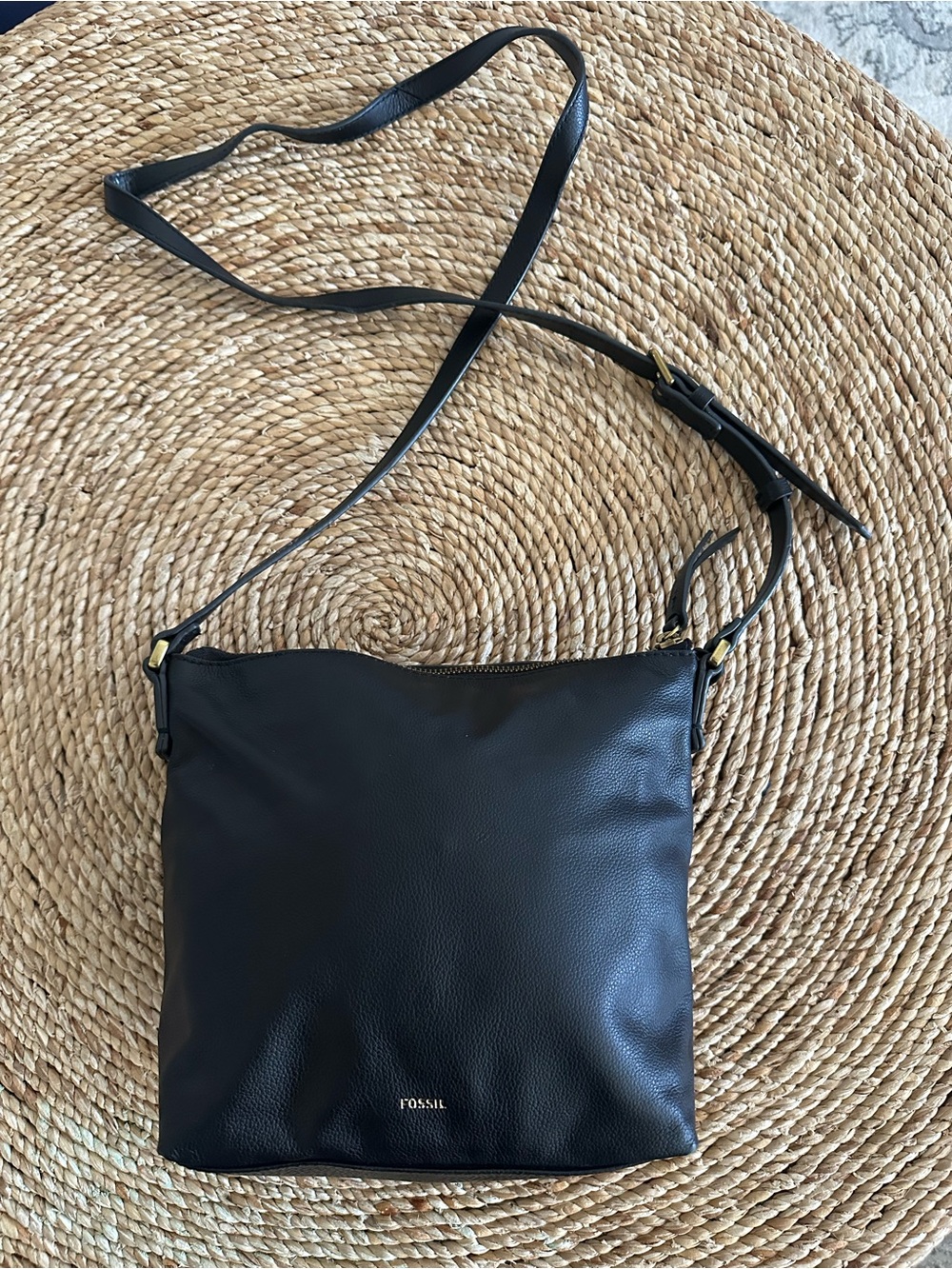Fossil Black Leather Purse- Small Crossbody- Gold Toned Hardware-Square